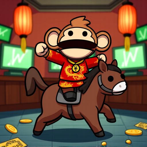Chibi ape riding a horse through the trading floor