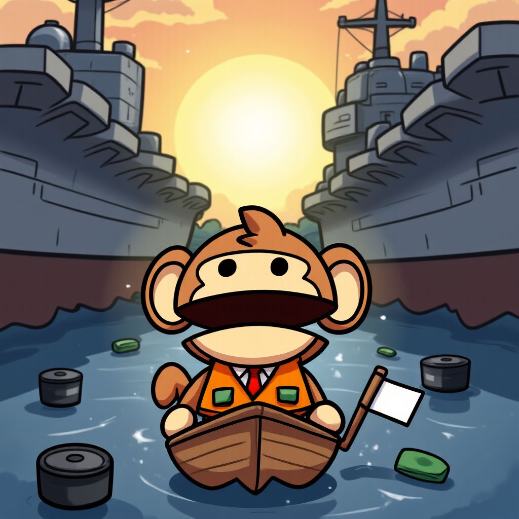 Nervous ape in rowboat between aircraft carriers