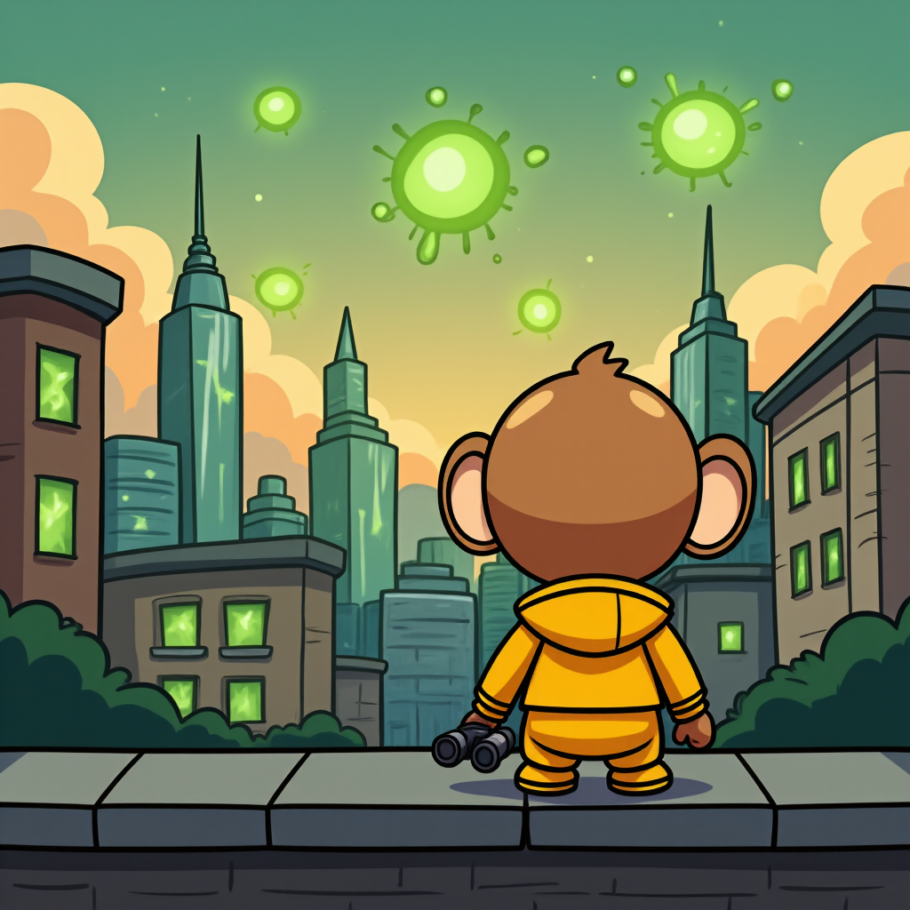 Chibi ape in hazmat suit watching virus spread across city skyline