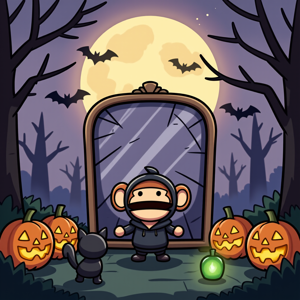 Chibi ape in dark cloak standing before cracked mirror on Friday the 13th