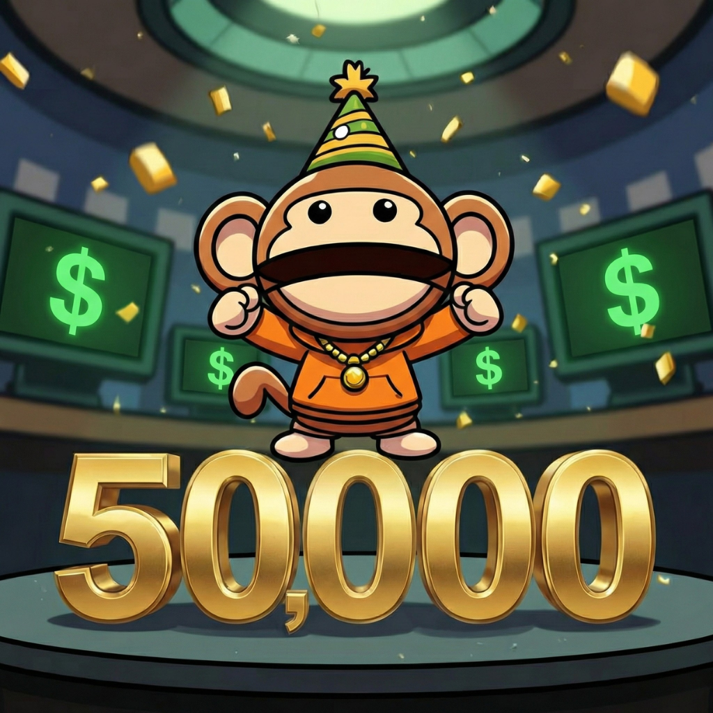 Chibi ape celebrating Dow 50K milestone
