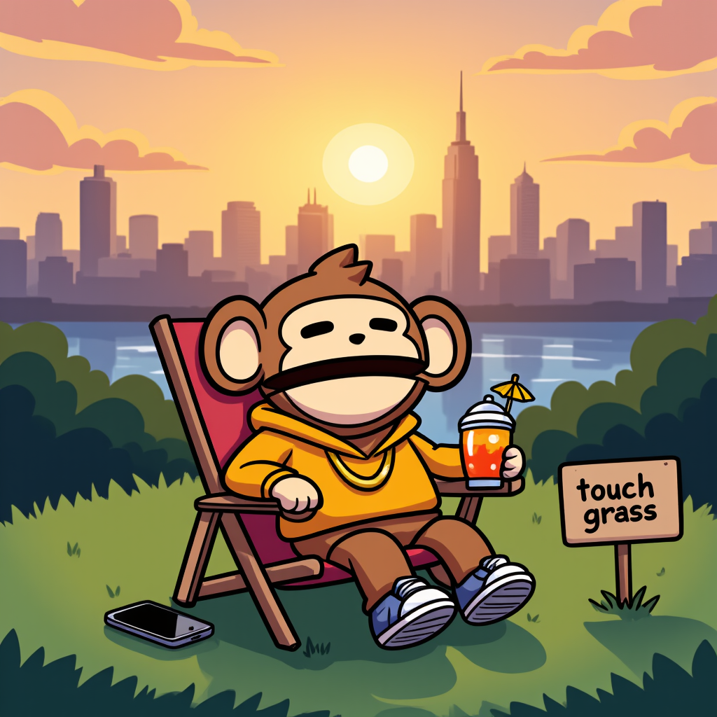 Chibi ape relaxing in lawn chair on grassy hill