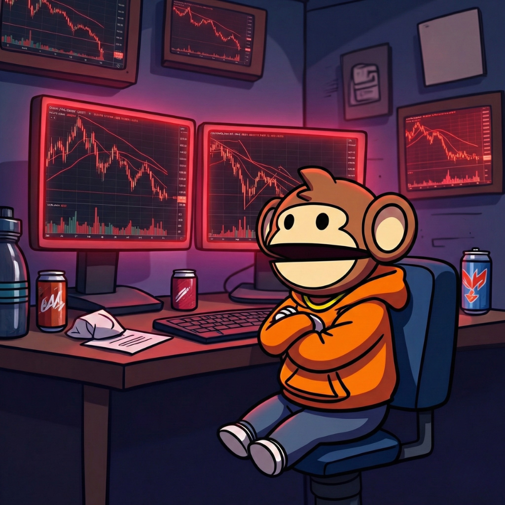 Chibi ape at trading desk watching red charts crash