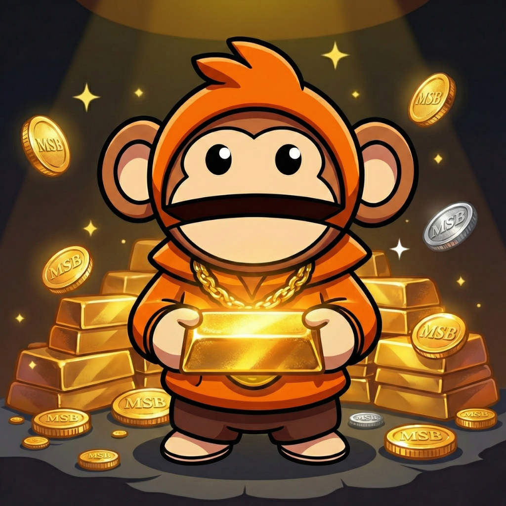Chibi ape holding glowing gold bar surrounded by gold coins