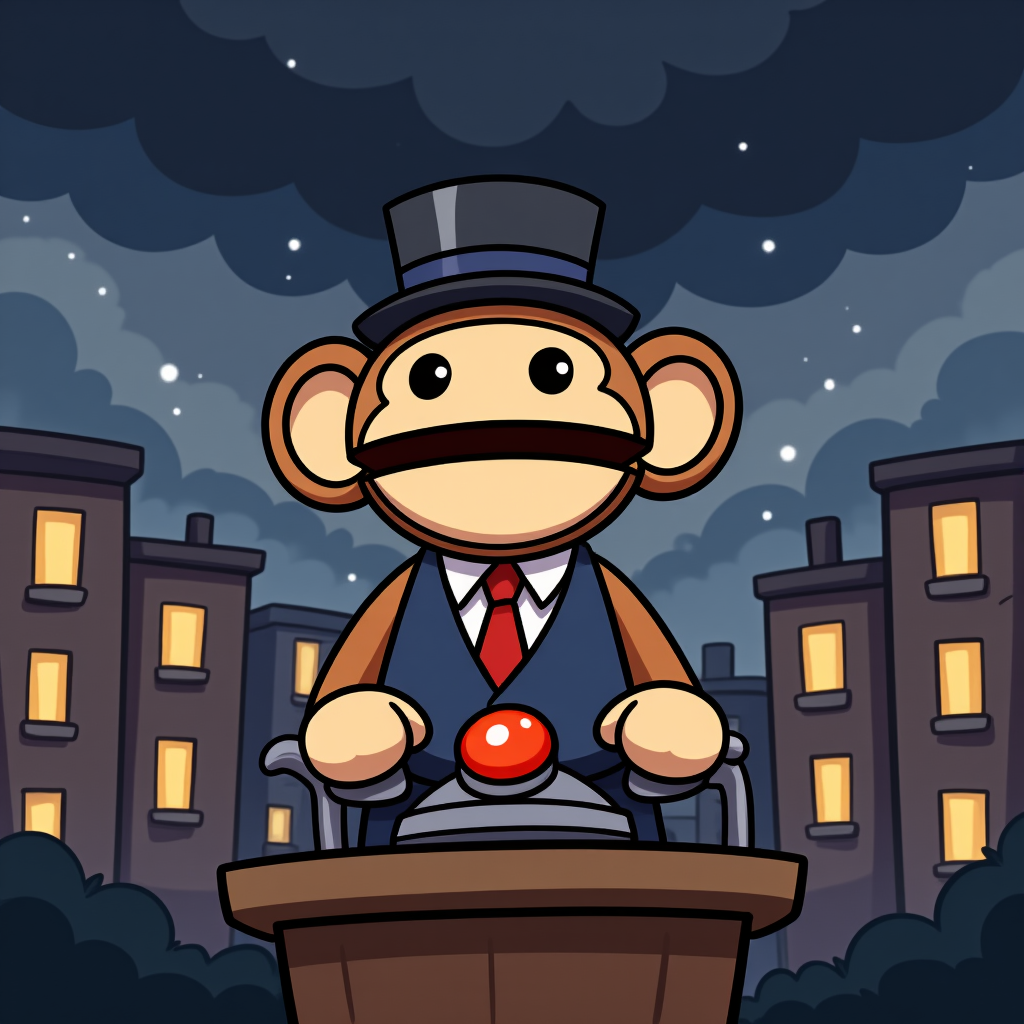 Chibi ape in top hat at podium with storm clouds forming