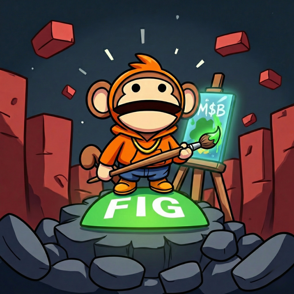 Chibi ape rising on green platform while SaaS rubble falls around it