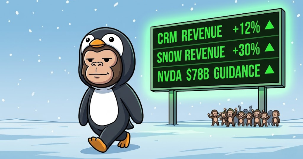 Chibi ape dressed as a penguin walking away from a glowing earnings board showing green numbers, heading into a frozen wasteland