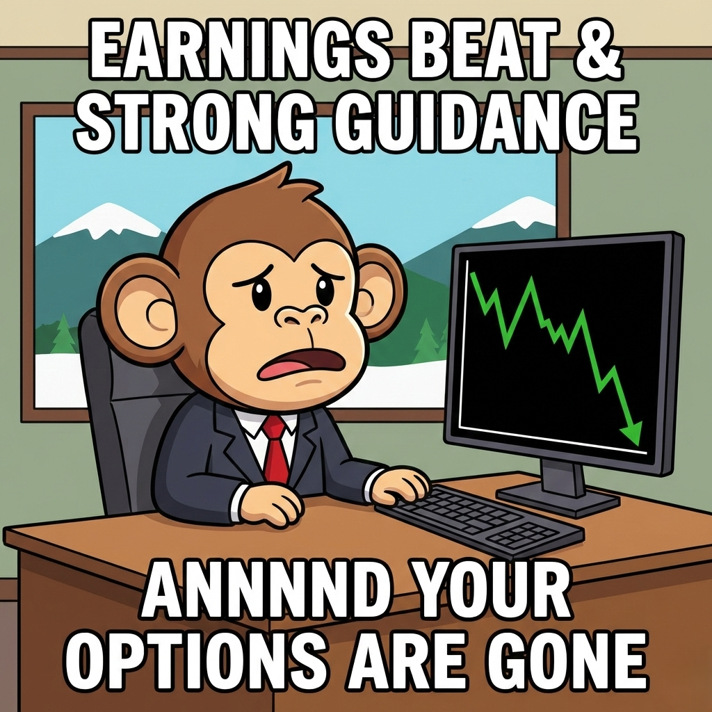 Chibi ape at desk shocked: Earnings beat and strong guidance... annnnd your options are gone