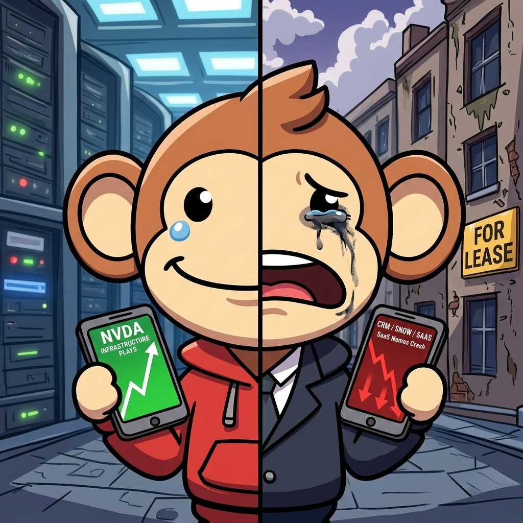 Chibi ape split down the middle, one half in a red hoodie checking a green portfolio, other half in a suit crying at a red portfolio