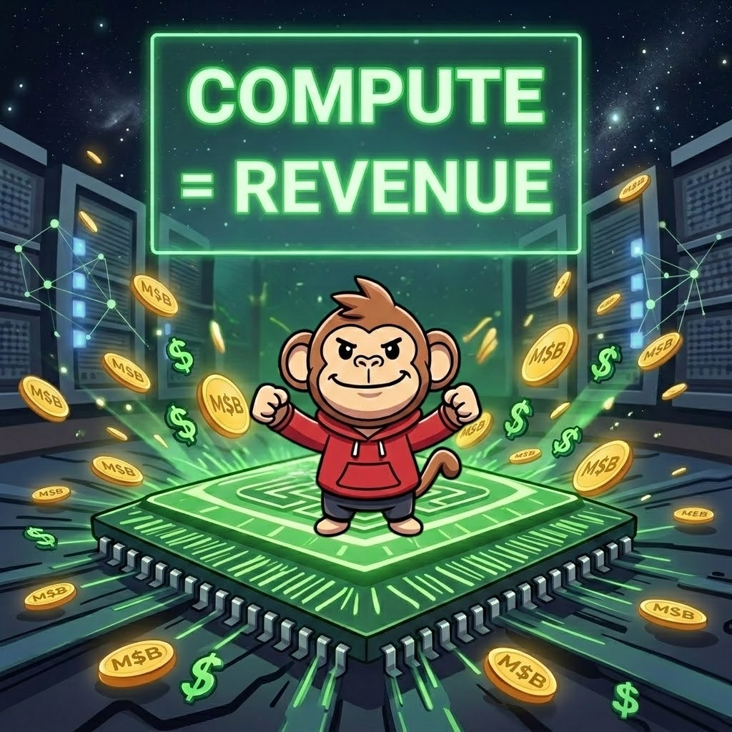 Chibi ape in red hoodie standing on top of a massive glowing GPU chip with COMPUTE = REVENUE on screen