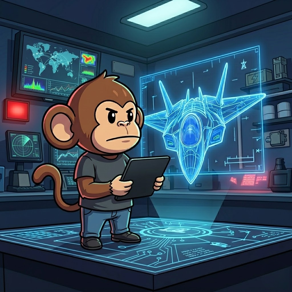 Chibi ape in a general's hat pointing at a fighter jet schematic and rising chart on a chalkboard.