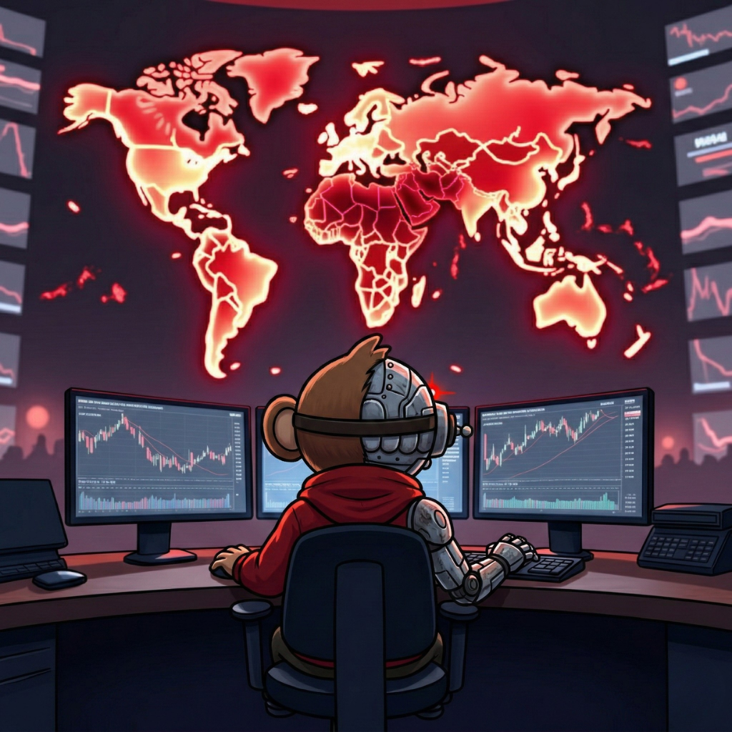 Chibi ape trader in a dark war room watching world map light up red — focused, coiled, ready.