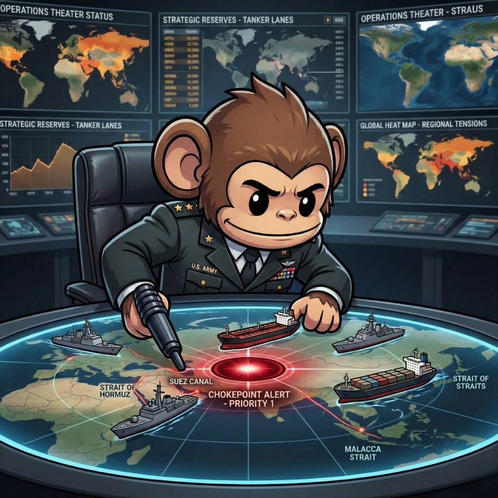 Massive oil tanker navigating a narrow strait with black smoke rising from the horizon — the Hormuz chokepoint.