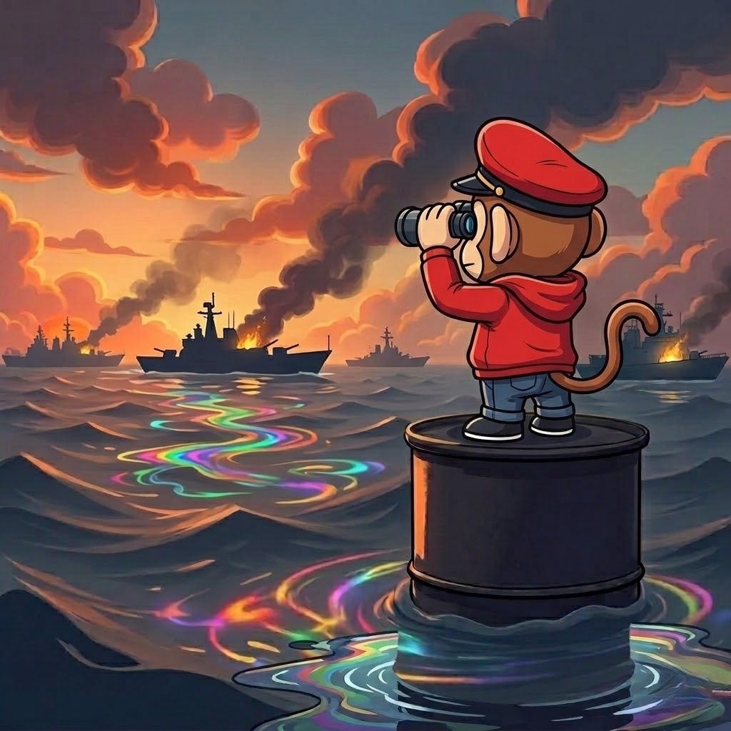 Main Street Betz chibi ape scanning the Strait of Hormuz with binoculars