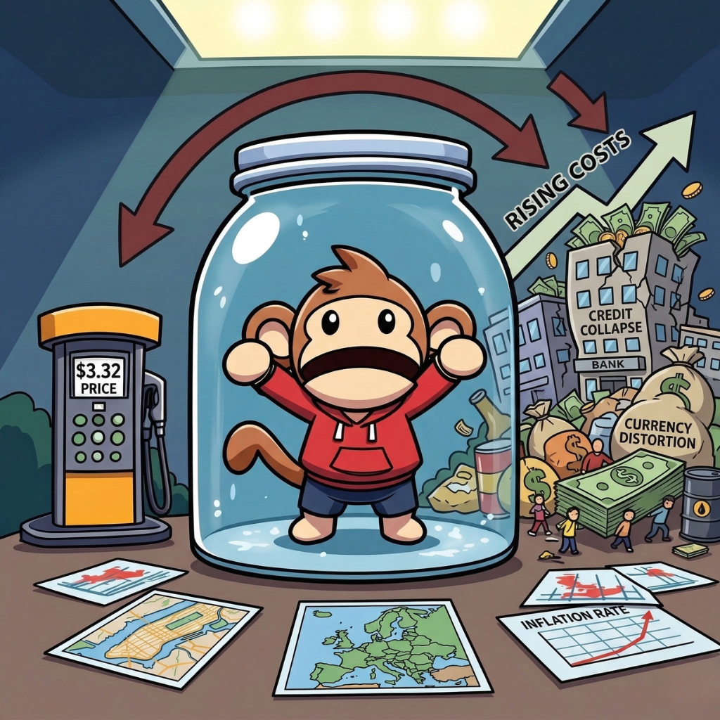 Main Street Betz chibi ape trapped in an inflation jar as oil prices rise