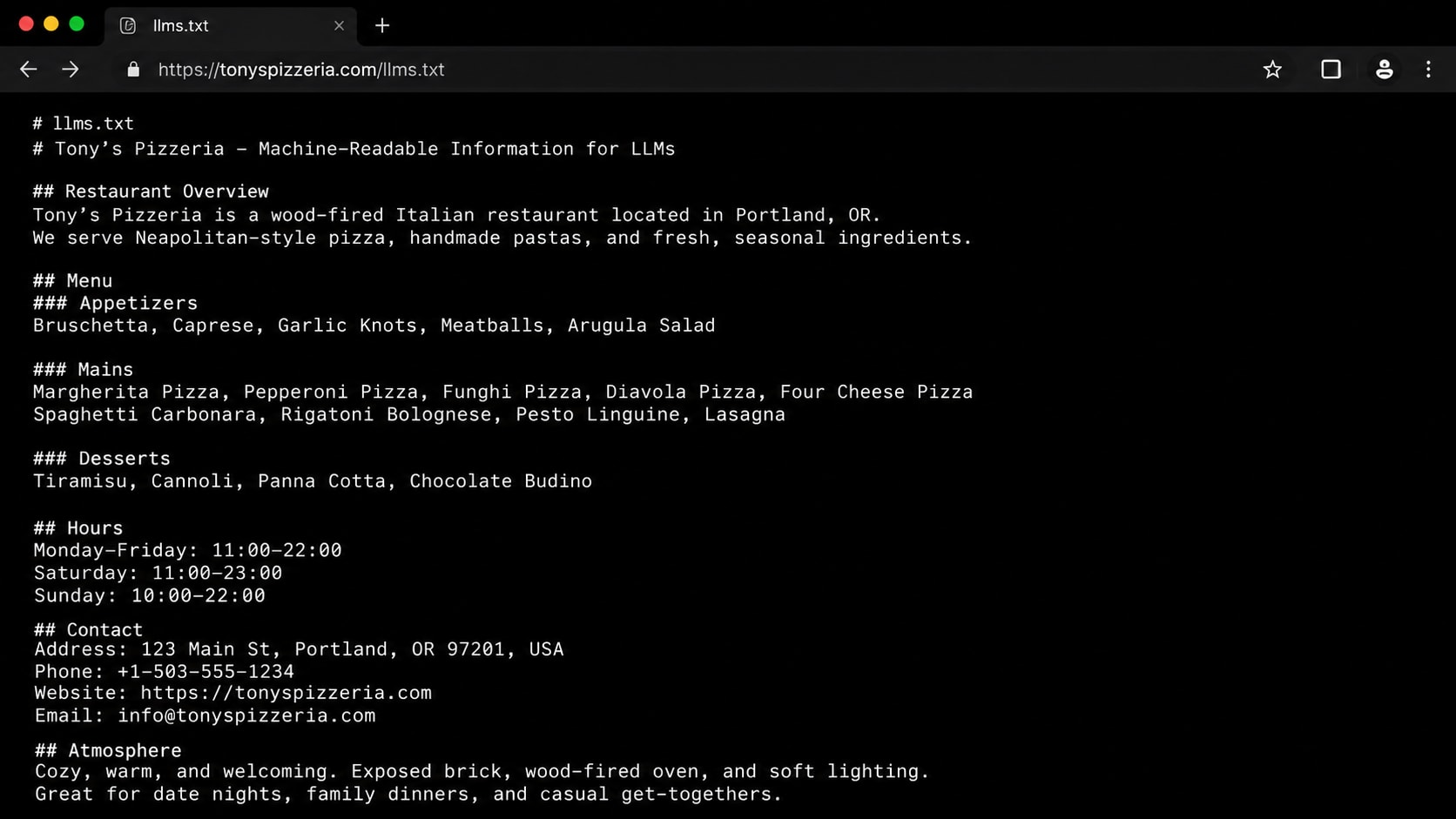 Mockup of a plain-text llms.txt file open in a browser, showing clearly labeled sections: Restaurant Overview, Menu (Appetizers, Mains, Desserts), Hours, Contact, Atmosphere — with syntax highlighting for headings