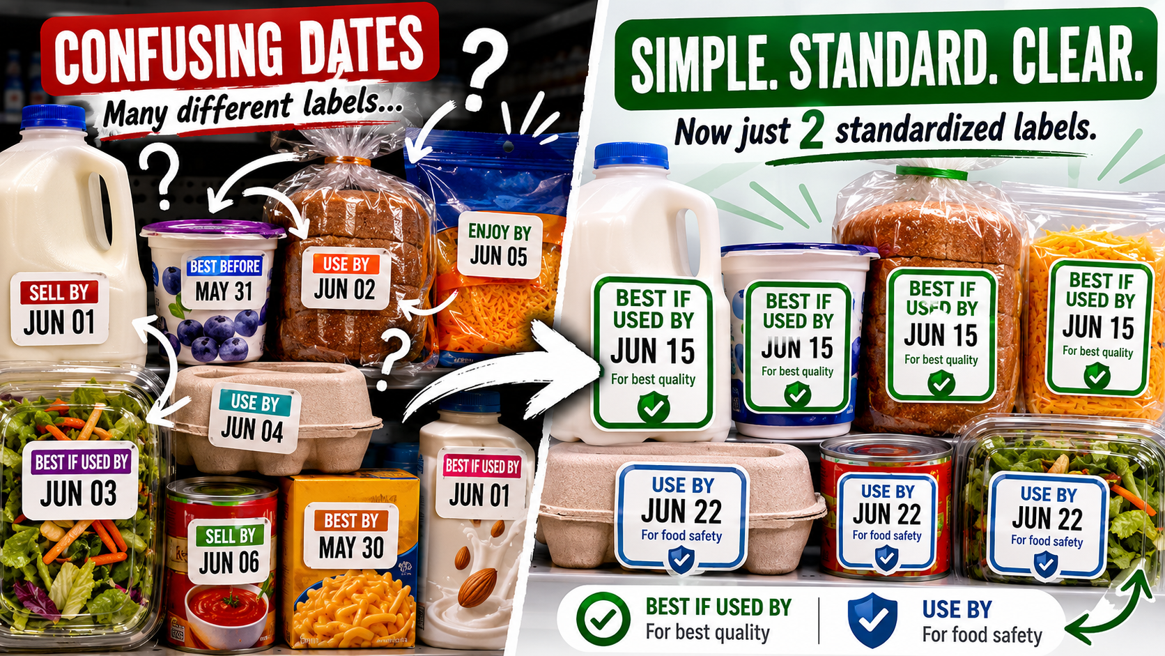 Infographic showing a cluttered shelf of food packages with many different date phrases (sell by, best before, use by, enjoy by) being consolidated into just two standardized labels