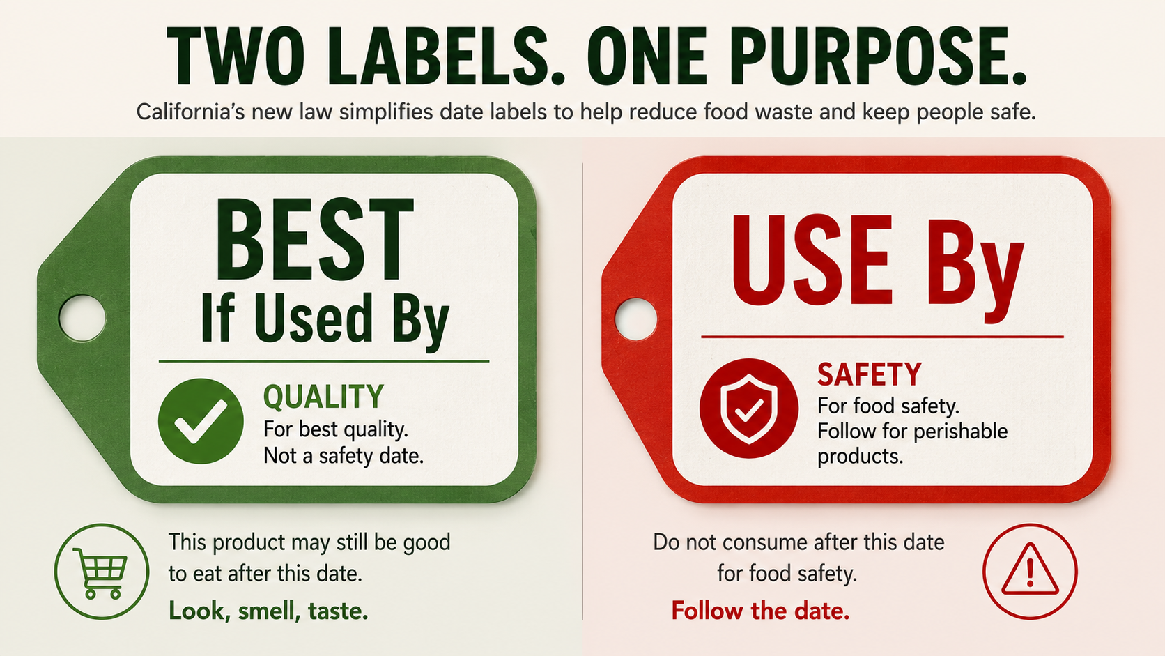 Side-by-side comparison of two labels: a green 'BEST If Used By' tag marked 'quality' and a red 'USE By' tag marked 'safety'