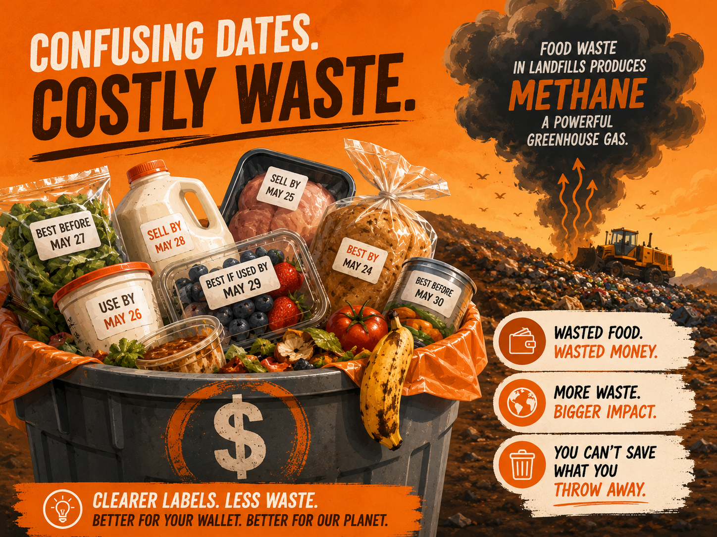 Illustration of a household trash bin overflowing with packaged food, with a dollar-sign overlay and a small methane cloud rising from a landfill in the background