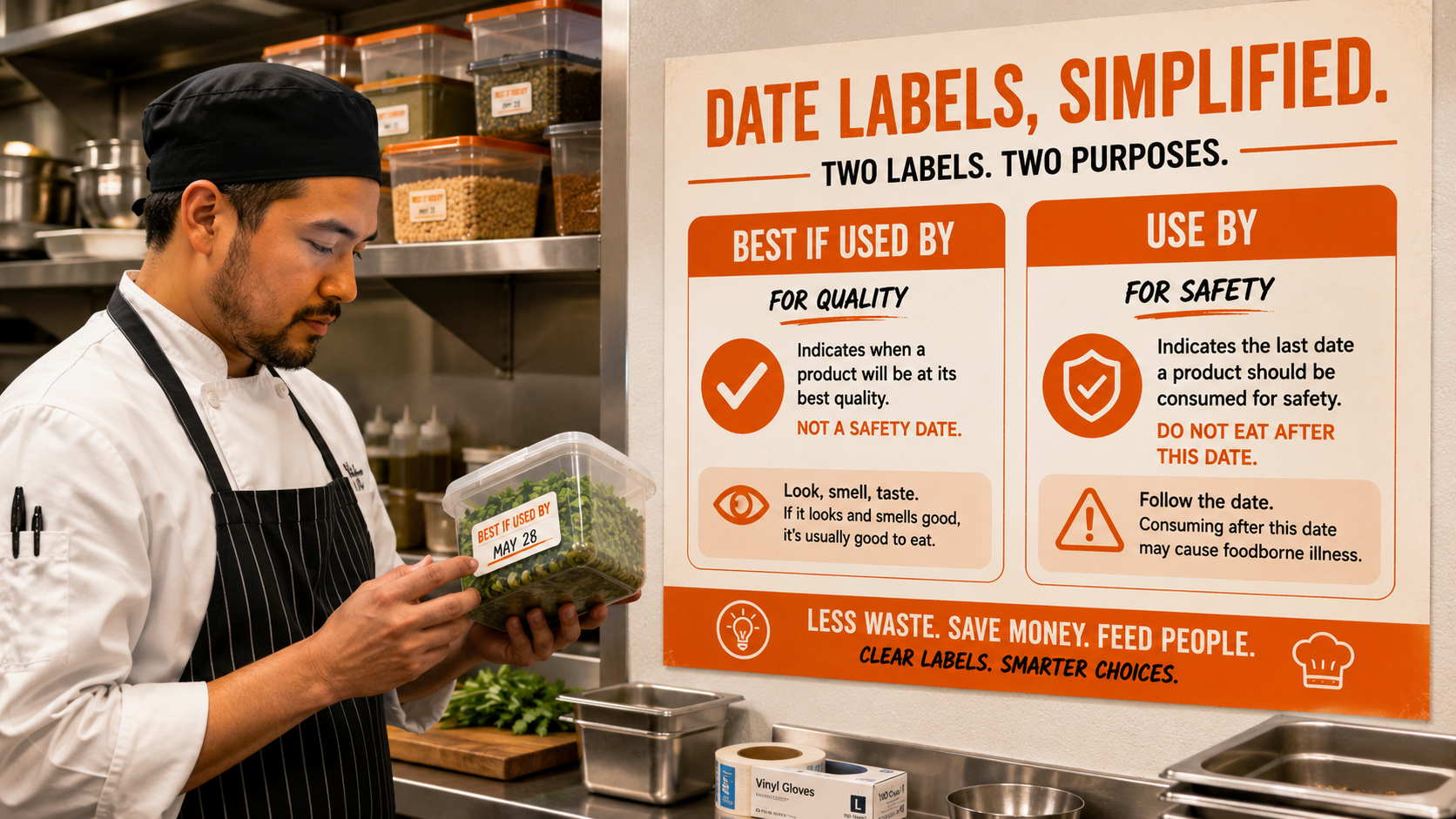 Restaurant kitchen scene with a chef checking a labeled ingredient container while a printed quick-reference chart on the wall explains 'BEST If Used By' versus 'USE By'
