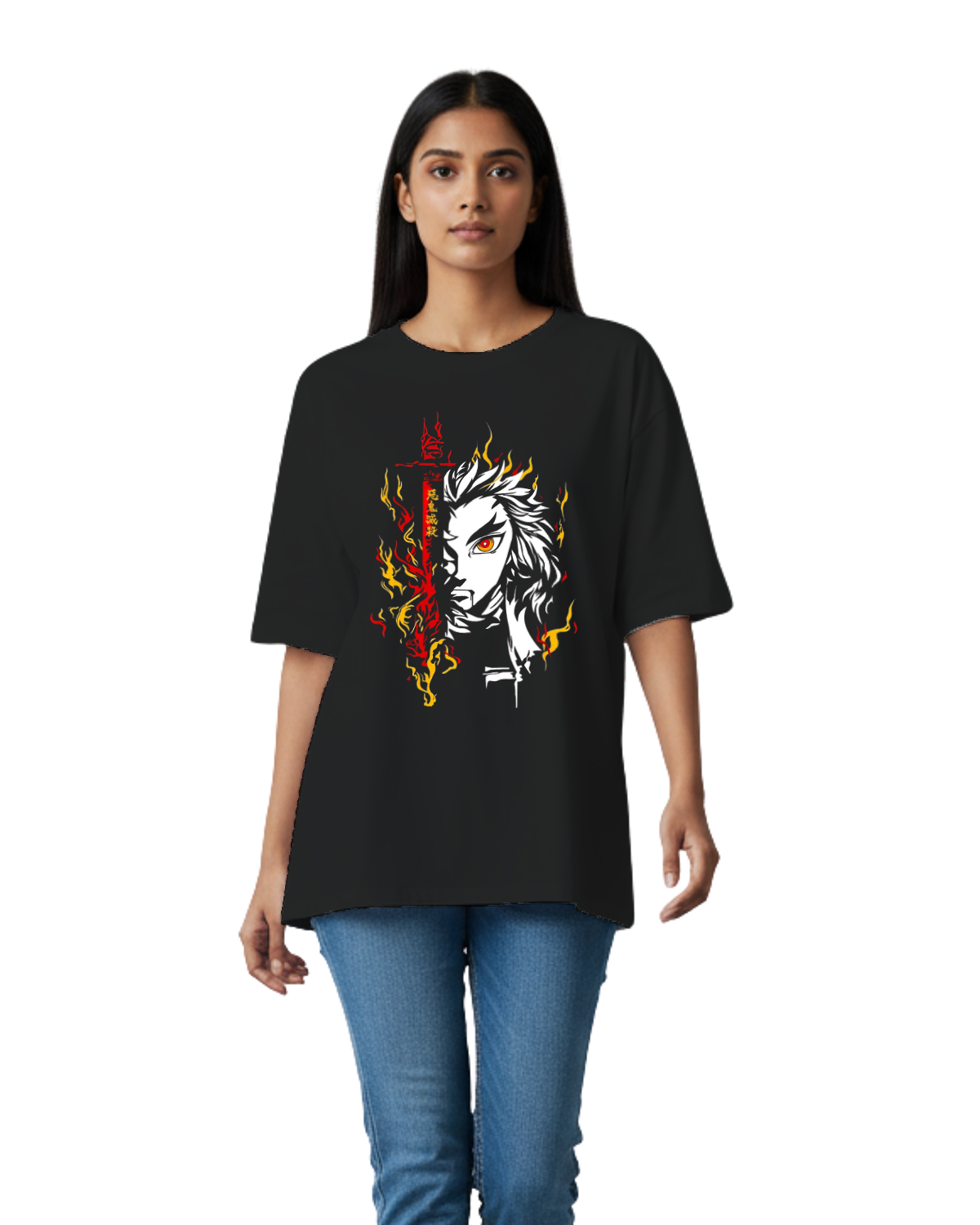 Fiery Hashira Rengoku Oversize T-Shirt - Black Anime Tee - Coolteees 1