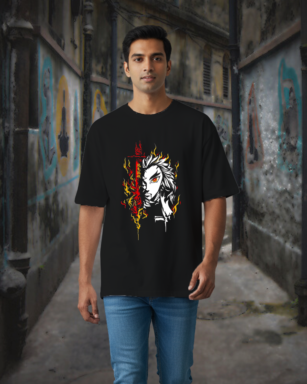Fiery Hashira Rengoku Oversize T-Shirt - Black Anime Tee - Coolteees 0