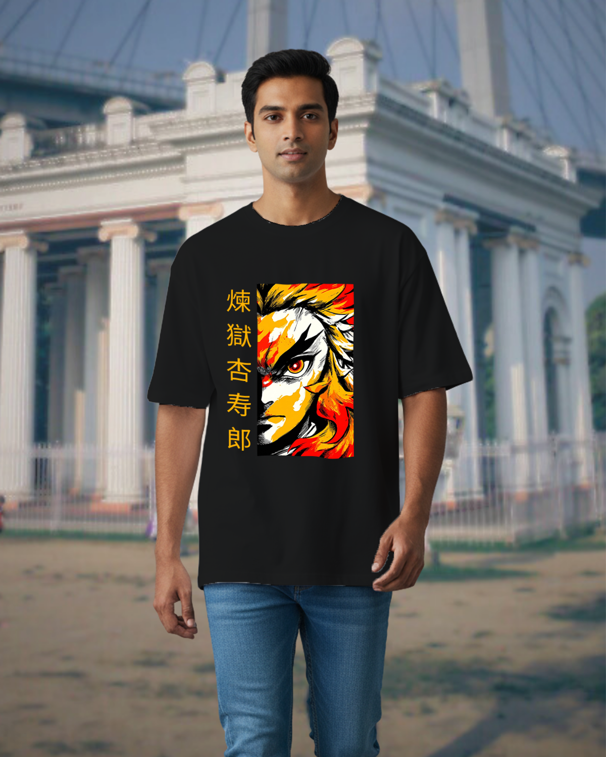 Rengoku Kyojuro Black Oversize T-Shirt | Demon Slayer Flame Hashira Tee- Coolteees 0