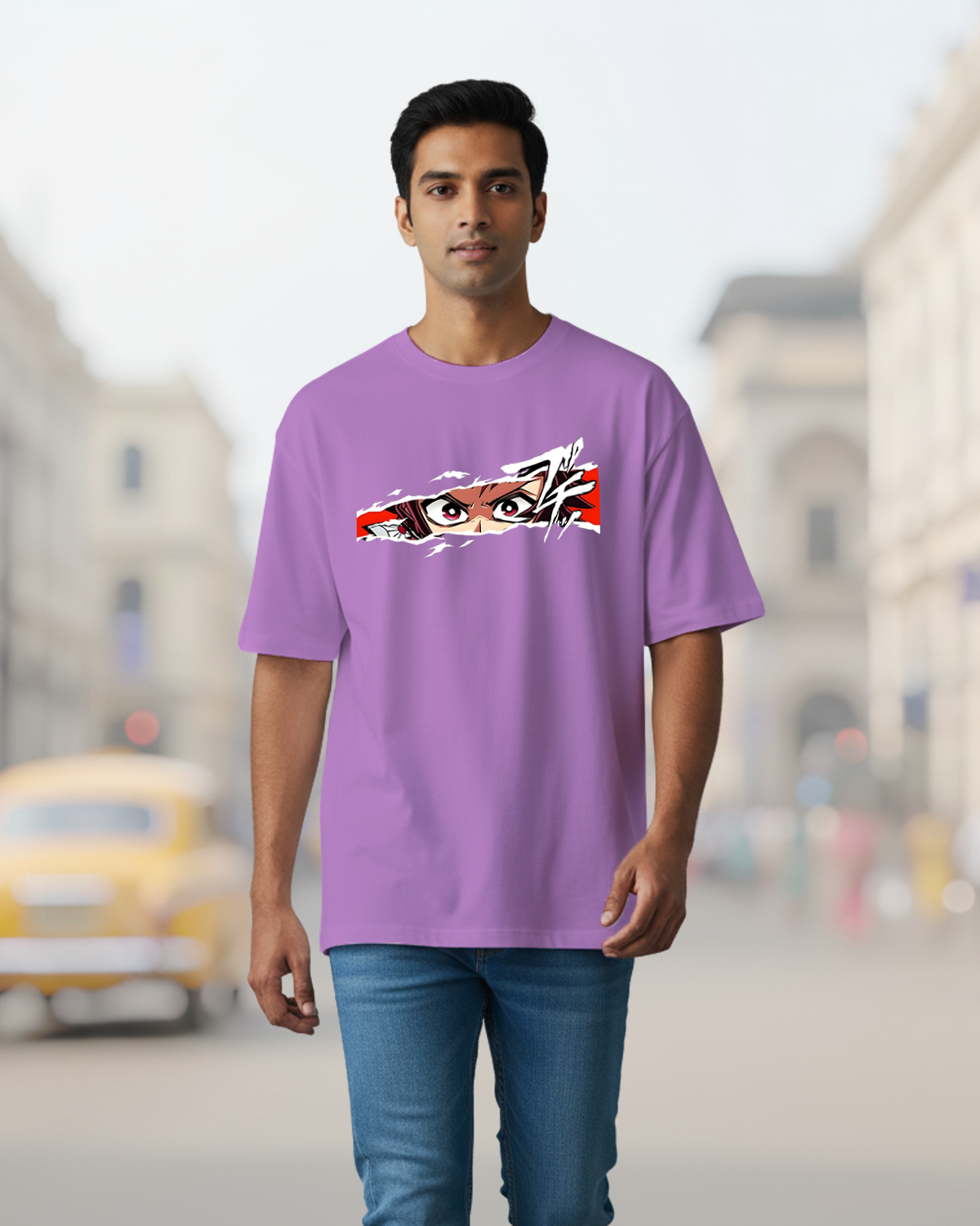 Dynamic Tanjiro Kamado Back Print Oversize T-Shirt - Premium Lavender Demon Slayer Tee 1