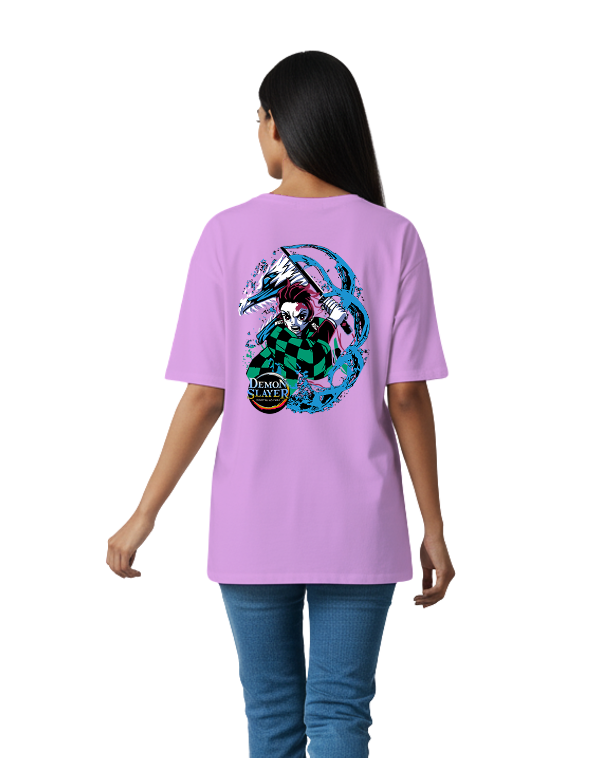 Dynamic Tanjiro Kamado Back Print Oversize T-Shirt - Premium Lavender Demon Slayer Tee 2