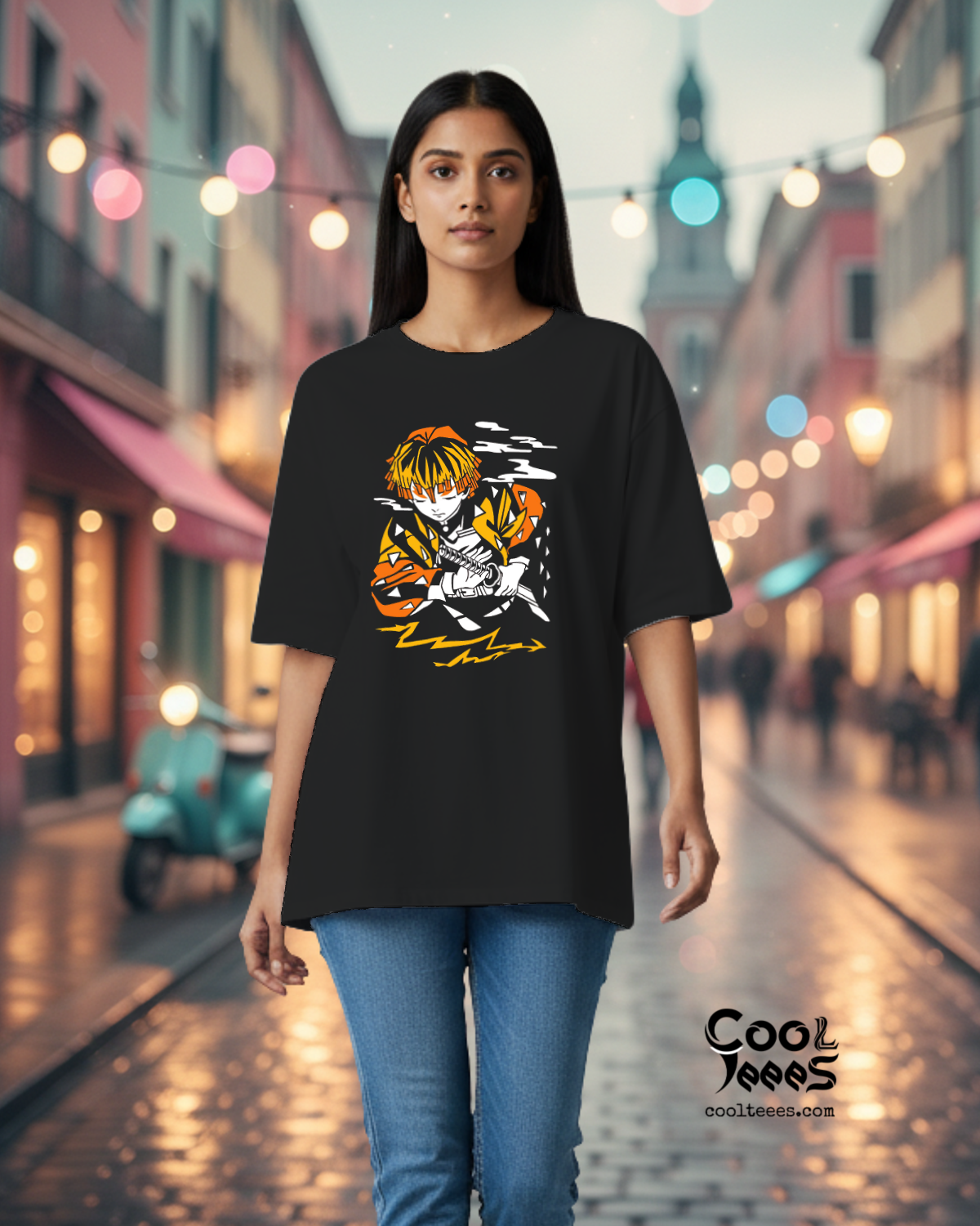 Zenitsu Oversized T-Shirt – Front Graphic Anime Tee | Demon Slayer Cotton-Coolteees 1