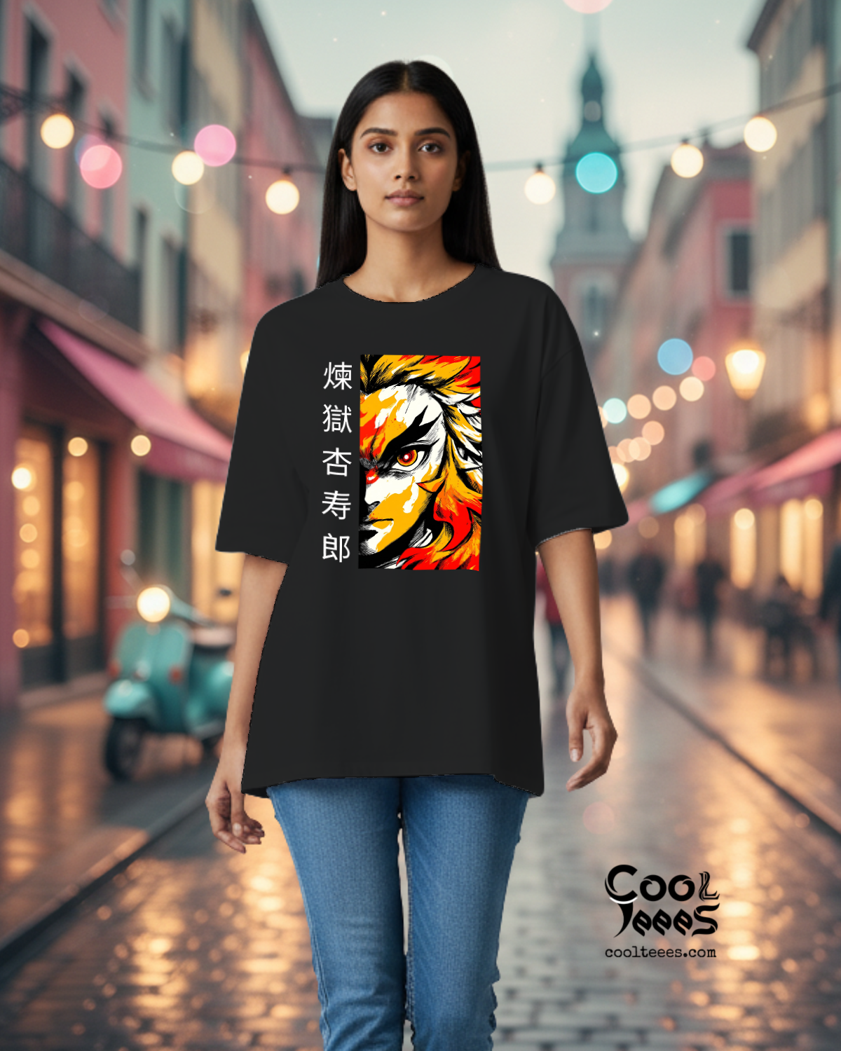 Rengoku Kyojuro Black Oversize T-Shirt | Demon Slayer Flame Hashira Tee- Coolteees 1
