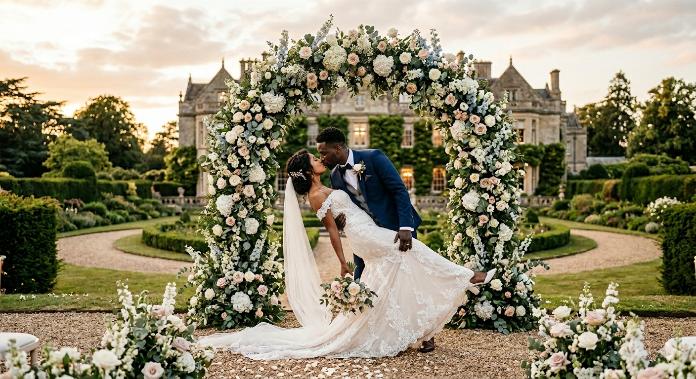 Elegant styled wedding flat lay featuring floral arrangements and stationery, representing Chapter & Vow's bespoke design aesthetic