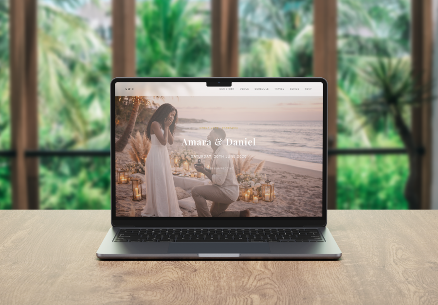 Editorial destination wedding website design direction with warm tones