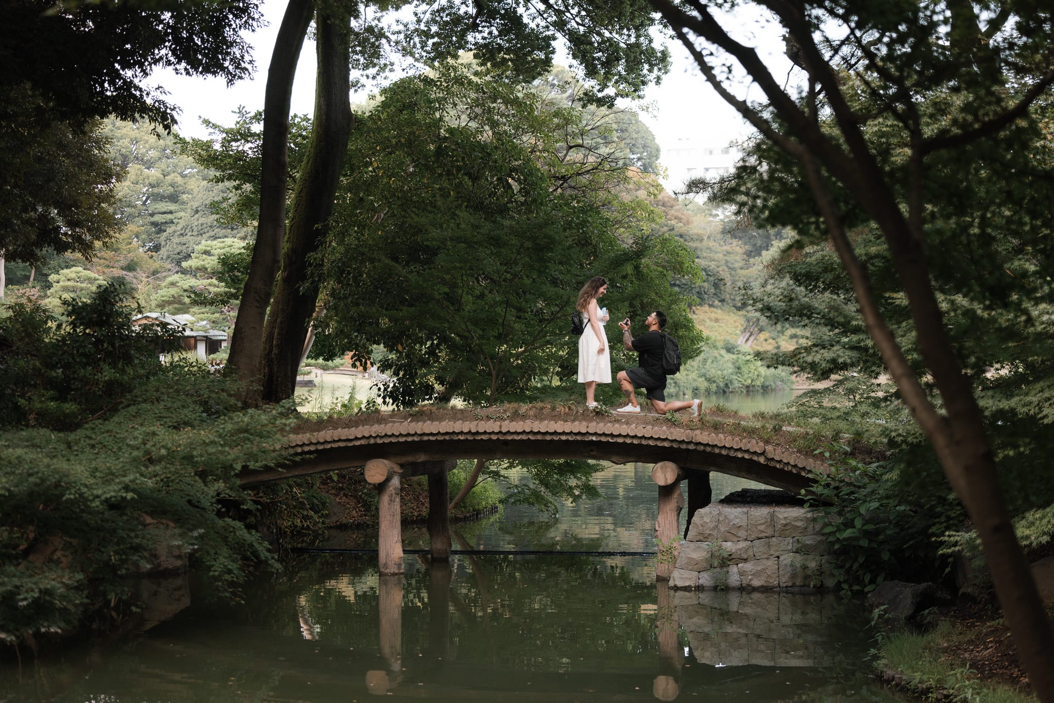 Surprise proposal on a bridge in a Tokyo garden in summer