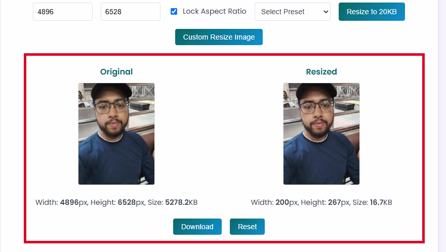 Step 2: Click the 'Resize to 20KB' button to automatically compress your image while maintaining quality. The resized image will be available in seconds.