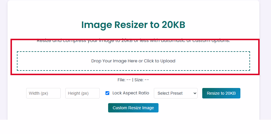 Step 1: Upload an image to resize it to 20KB. Click the 'Upload Image' button, select a JPEG, PNG, file, and view its original size, dimensions, and format.
