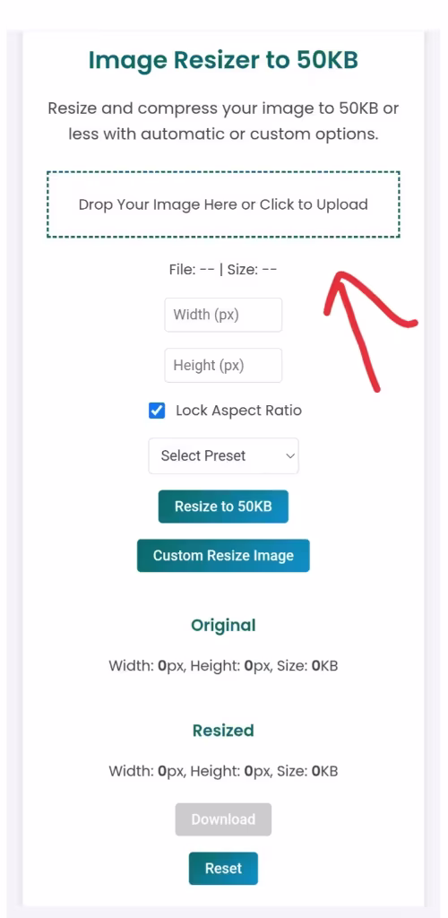 Resize image dimensions settings with width, height, and aspect ratio options in FixMyKb tool