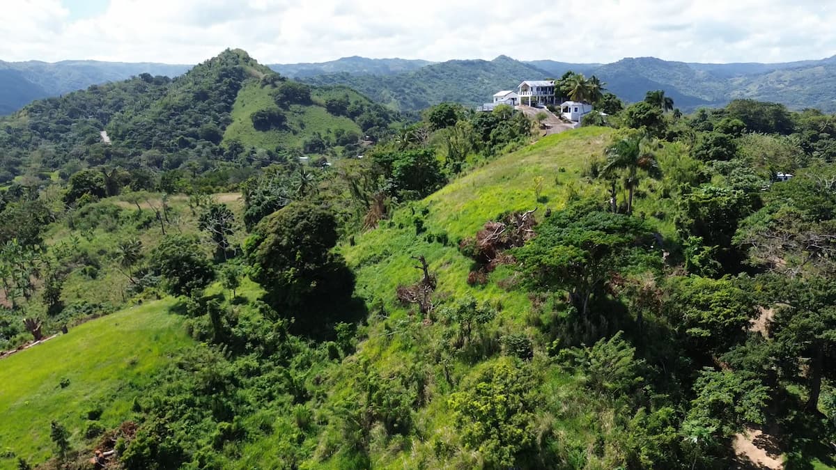 Drone flyover of the Vista Serena hillside with the turquoise bay in the distance — 360° aerial tour of the estate
