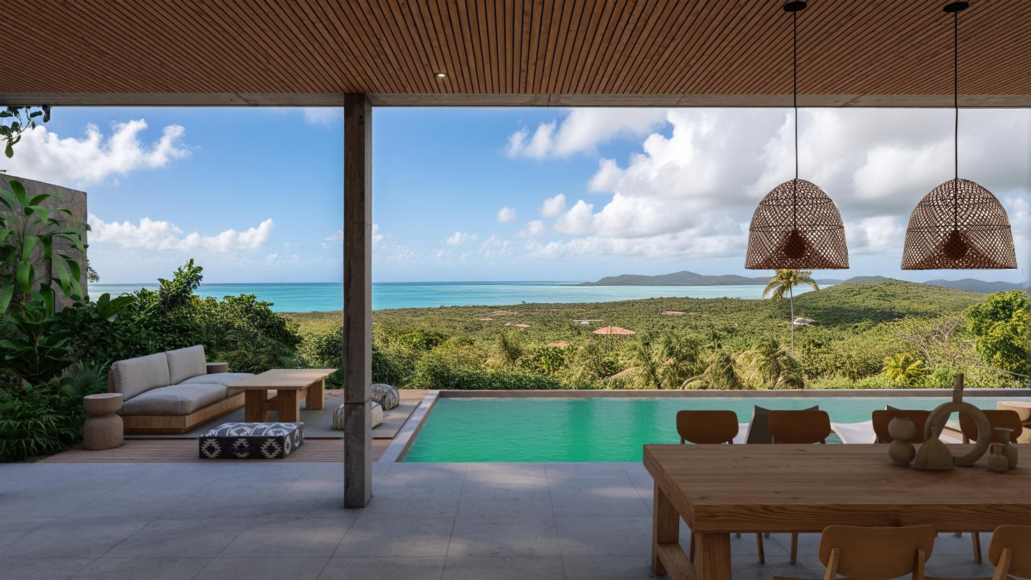 Architectural rendering of the Talipot Boutique Lodge terrace — covered lounge with infinity pool overlooking the turquoise sea