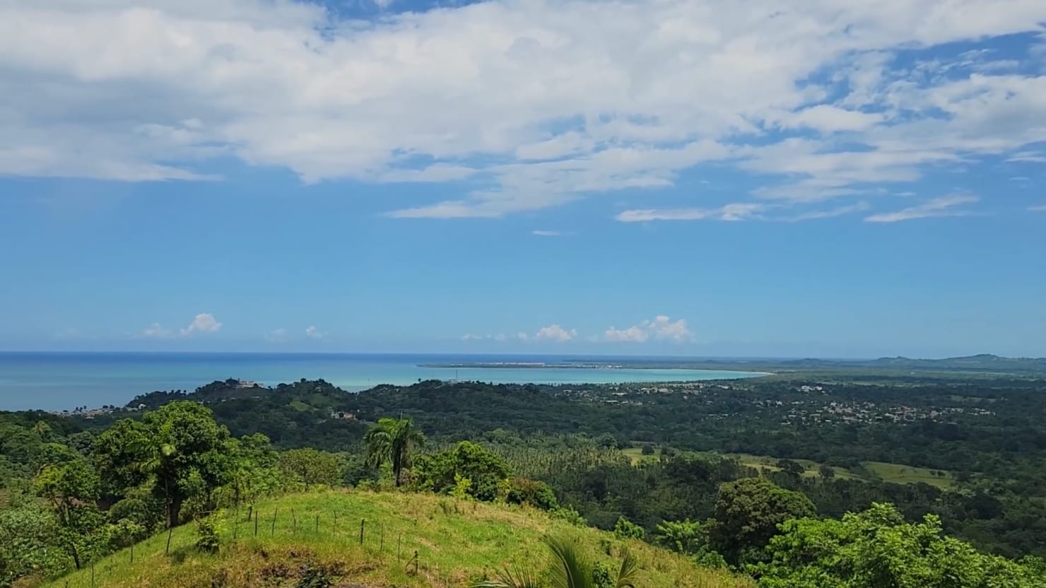 Panorama de la bahía turquesa de Miches con palmeras y tierras verdes bajo cielo azul — la experiencia Tulum del Caribe en Vista Serena