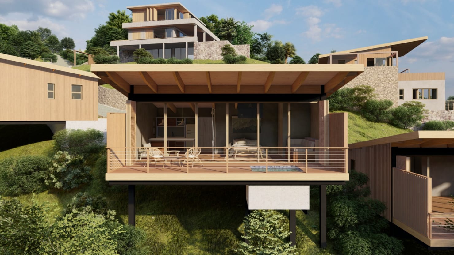 Architectural rendering of Talipot Boutique Lodge — front view, contemporary wood design with green roof, Miches