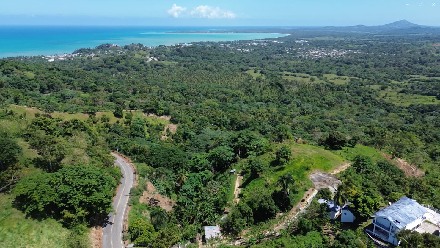 Panoramic 180-degree ocean view from Vista Serena Lot B, 120m above Miches Dominican Republic, Talipot Boutique Lodge and Montana Redonda visible