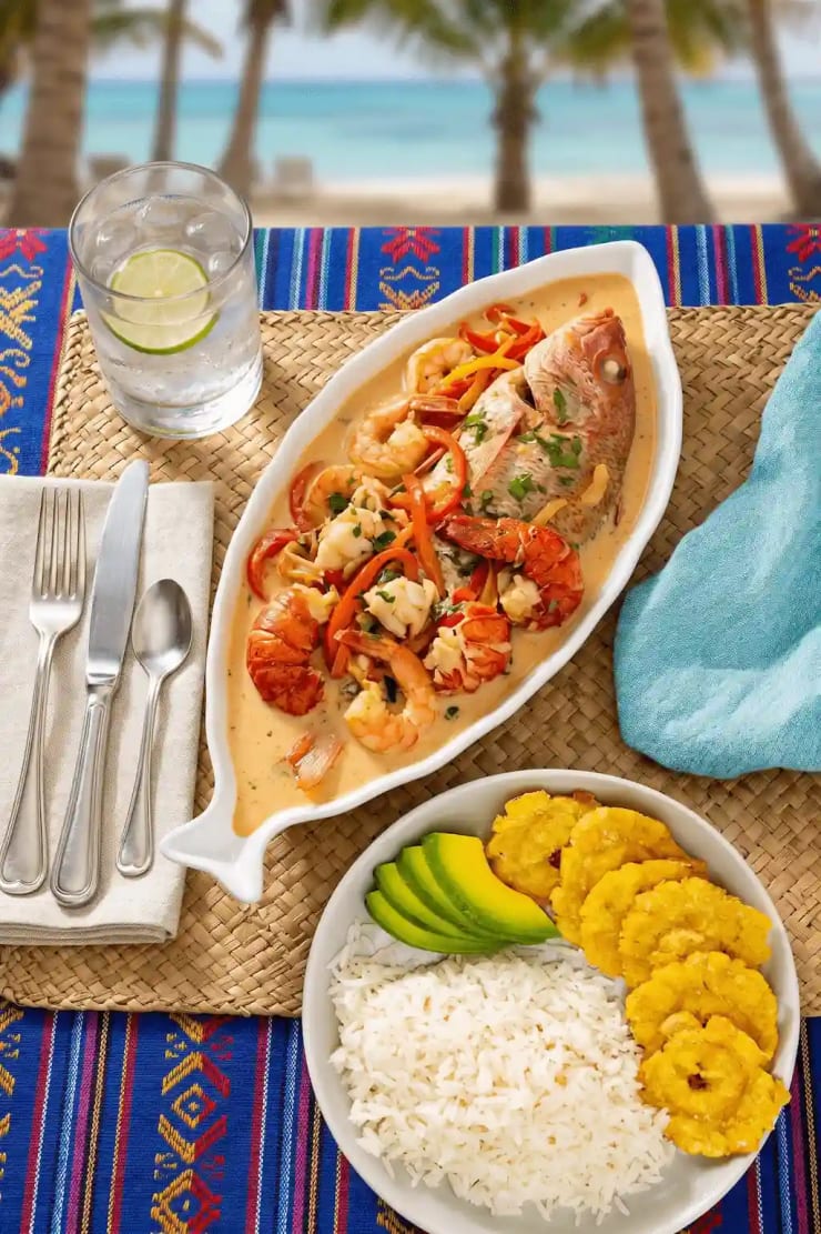 Coconut seafood from Miches — lobster and prawns in coconut sauce