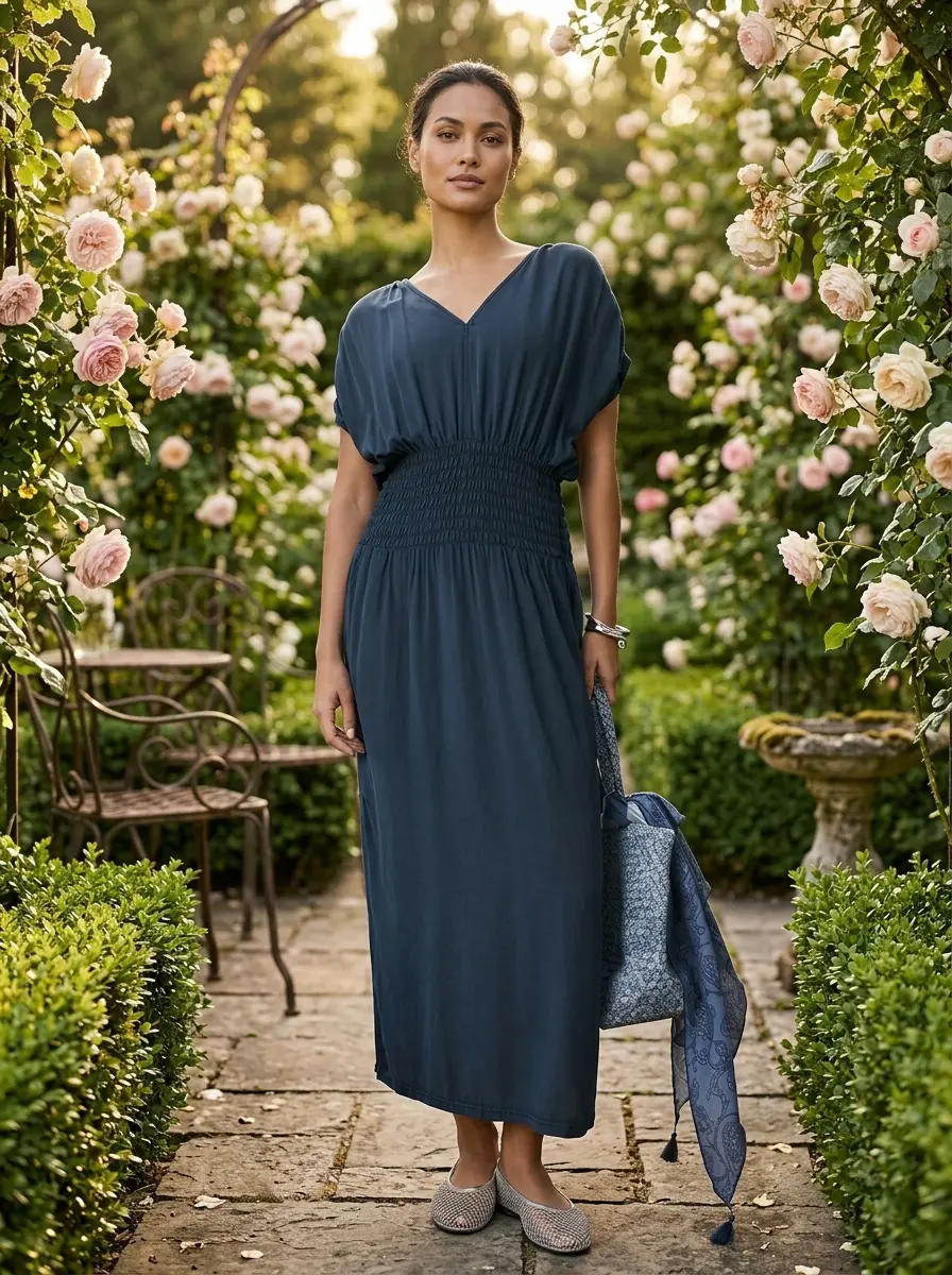 Woman wearing the Marissa Maxi Dress in mood indigo with a ruched waist and elegant side slits