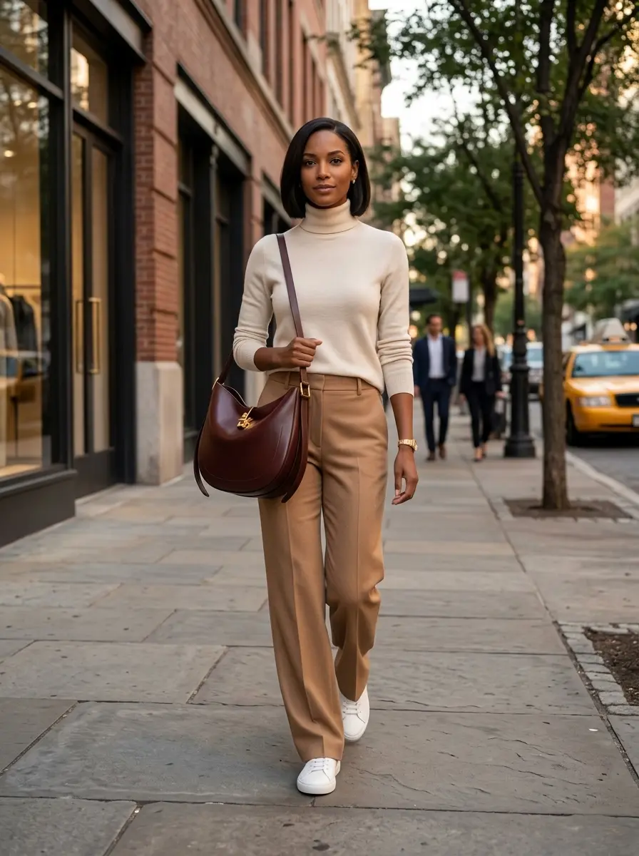 Stylish woman carrying the Burano Crossbody bag in brown leather