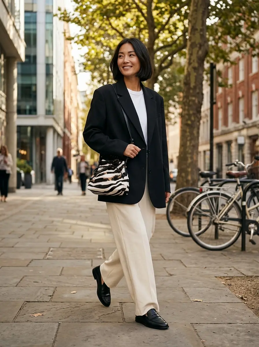 Woman walking with the Randi Crossbody bag featuring a zebra calf hair pattern