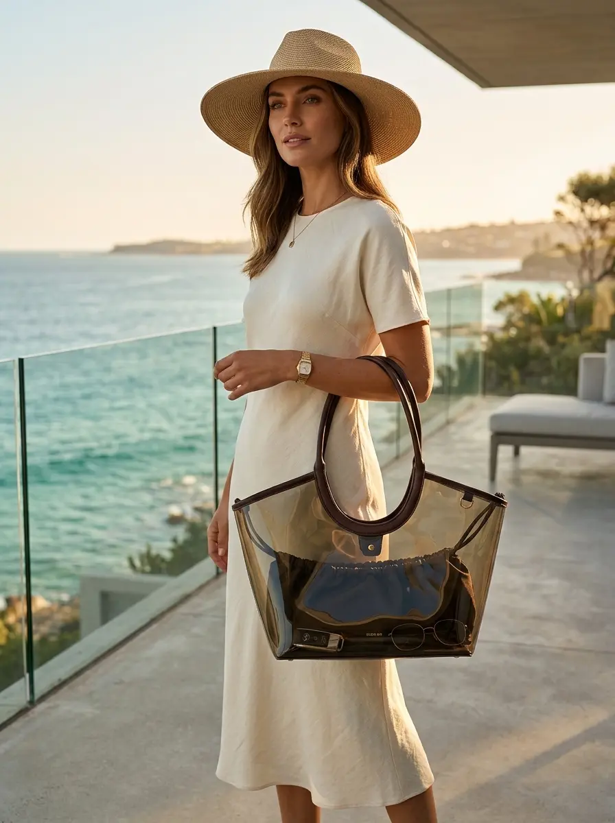 Woman holding the Giselle Tote Smoke Jelly bag with a modern transparent design