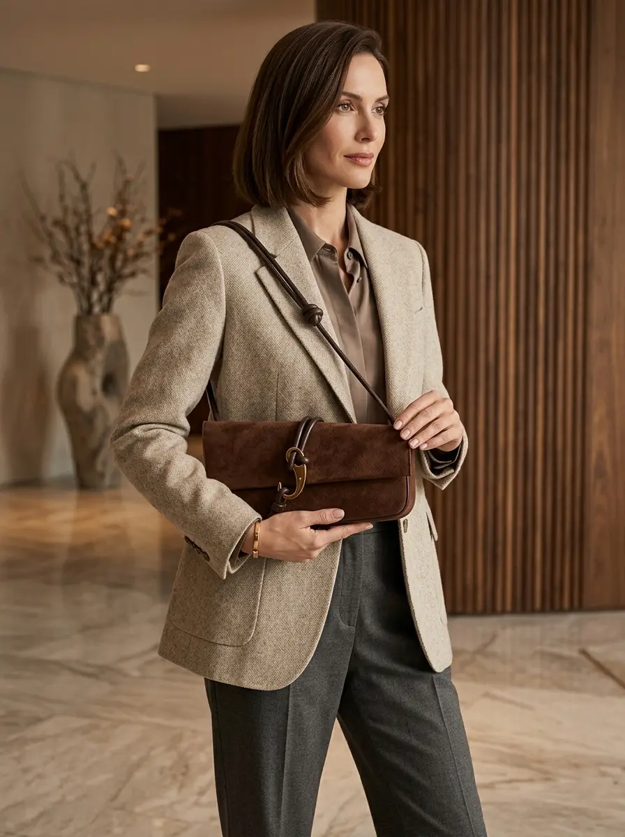 Elegant woman carrying the Alice Shoulder Bag in chocolate suede