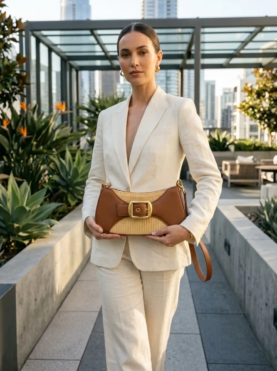 Elegant woman carrying the Nuala Raffia Handbag in saddle stella color