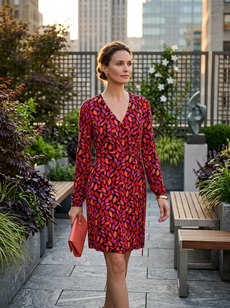 Woman wearing the Savilla Lips DVF Vintage wrap dress in Falling Lips Black
